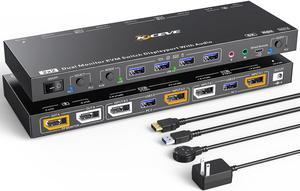 Displayport KVM Switch Dual Monitor KVM for 2 Computers 8K@30Hz/4K@144Hz Extend Display Support KVM Mode and USB Mode with Voice Control and Remote Control Include KVM Cables