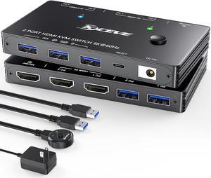 USB 3.0 KVM Switch HDMI 8K@60Hz with 3 USB3.0 Switch for 2 Computers Sharing 1 Monitor Keyboard Mouse with 2 USB Cables, Power Adapter and Controller