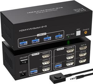 8K@60Hz HDMI KVM Switch 3 Monitors 2 Computers USB 3.0 KVM Switcher with 4 USB Ports Monitor Switch for 2 Computers Support Extended & Copy Mode Wired Controller 12V DC Adapter 2 USB Cables Included