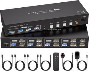 Dual Monitor HDMI KVM Switch 4 Computers 2 Monitors 4K@60Hz 2K@120Hz 4 Port KVM Switches for 4 PCs Share 2 Monitor and 4 USB 3.0 Devices with Remote Control,USB3.0 Cables and Power Adapte