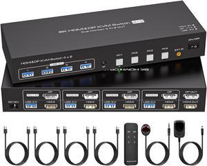 Dual Monitor KVM Switch HDMI+Displayport 4 Computers 2 Monitors 8K@60Hz 4K@120Hz 4 Port KVM Switches Support 4 PCs Share 4 USB Devices Support Copy and Extend Mode with External Accessories