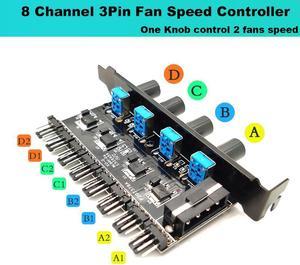 PCIFANCO8MPR 8 Channel 3-pin 4pin Fan speed Controller w/ OFF Switch - 8 Fans RPM Speed Reduce Regulator by 4 Knobs w/ PCI Slot Cover - Molex 4pin to 8 Port 3 4Pin Case/CPU Fan Hub Splitter