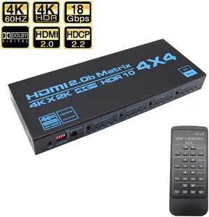 4K HDR 4x4 HDMI-compatible Matrix Switch HDCP 2.2 Switcher Splitter 4 In 4 Out Box with EDID Extractor and IR Remote Control