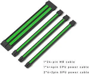Mod Sleeved Cable, Black & Green Power Supply Cable Extension Kit, 24PIN ATX, 4+4 PIN EPS, Dual 6+2 PIN PCIE(11.81")