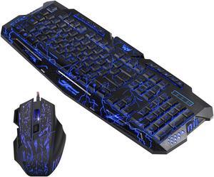 Gaming Keyboard and Mouse Combo, LED Backlit Keyboard, USB Wired Gaming Mouse, 3 Color Blue/Red/Purple LED Backlit Crack Keyboard and Mouse Set for Gamer Office