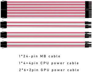Mod Sleeved Cable, Pink & White Power Supply Cable Extension Kit, 24PIN ATX, 4+4 PIN EPS, Dual 6+2 PIN PCIE(11.81")