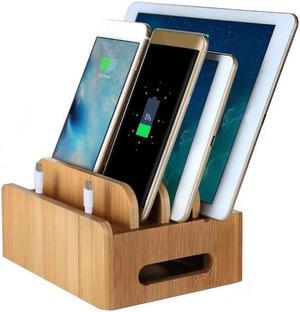 Multifunction Bamboo Mobile Phone Holder Cords Organizer Stand Charging Station For iPhone For Samsung Phone/Tablet Universal