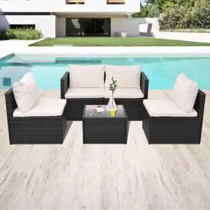 vidaXL Patio Furniture Set 5 Piece Sectional Sofa with Table Poly Rattan Black
