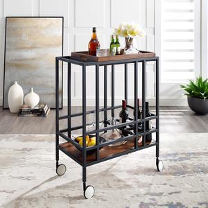 Inspired Home Ivan Bar Cart - Removable Serving Tray | Wine Bottle and Stemware Storage, Black/Walnut