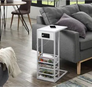 Loft Lyfe Miller C Table - Magazine Holder, 2 USB Charging Ports, 2 Outlets, Power Plug | MDF Veneer Top, Metal Base, White/White