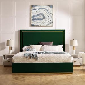 Inspired Home Maliya Platform Bed Queen Size - Upholstered | Powder Coated Gold Frame and Base, Hunter Green Velvet