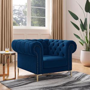 Inspired Home Avarie Chesterfield Club Chair - Button Tufted | Gold Nailhead Trim, Sinuous Springs, Navy Velvet
