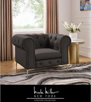 Nicole Miller Georgina Chesterfield Club Chair - Button Tufted | Rolled Arms, Brown Leather PU