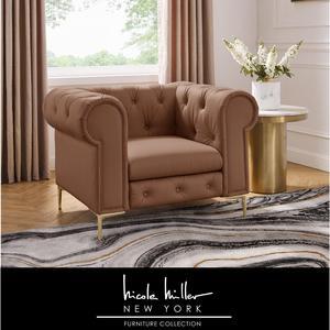 Nicole Miller Georgina Chesterfield Club Chair - Button Tufted | Rolled Arms, Camel Leather PU