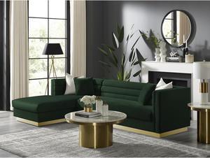 Inspired Home Khyree Left Facing Chaise Sectional Sofa - Upholstered | Gold Base, Square Arms, Hunter Green Velvet