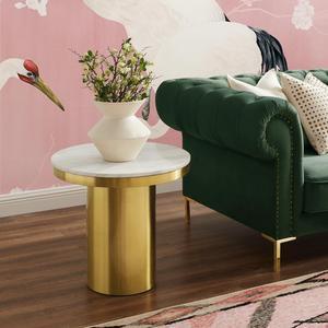 Inspired Home Mckinlee End Table - Stainless Steel Pedestal | Natural Marble Stone, White/Gold