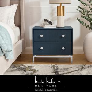 Nicole Miller Linley Side Table - 2 Drawers | Brushed Stainless Steel Base, Navy/Chrome Faux Shagreen