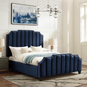 Inspired Home Lotus Platform Bed - Upholstered | Channel Tufted, Footboard, Slats Included, Navy Velvet