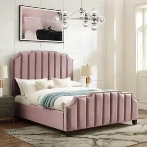 Inspired Home Lotus Platform Bed - Upholstered | Channel Tufted, Footboard, Slats Included, Pink Velvet