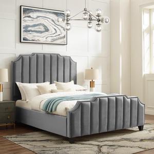 Inspired Home Lotus Platform Bed - Upholstered | Channel Tufted, Footboard, Slats Included, Grey Velvet