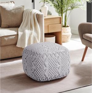 Loft Lyfe Jayne Pouf - Hand Knitted | Foam Beads Filling, Light Grey Cotton Yarn