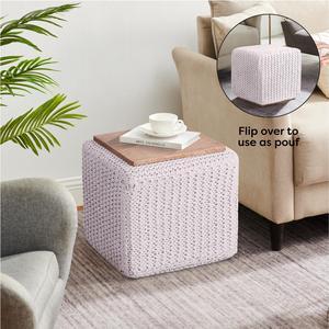Loft Lyfe Evolet Pouf - Hand Knitted, Wooden Tray | Foam Beads Filling, White Cotton Yarn