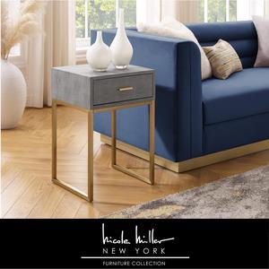 Nicole Miller Calum End Table - 1 Drawer | Brushed Gold Base and a Handle, Grey/Gold Faux Shagreen
