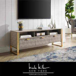 Nicole Miller Calum TV Stand/Cabinet - 3 Drawers | Brushed Gold Base and Handles, Cream White/Gold Faux Shagreen