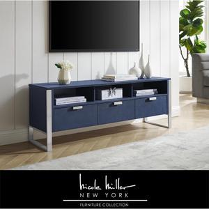 Nicole Miller Calum TV Stand/Cabinet - 3 Drawers | Brushed Chrome Base and Handles, Navy/Chrome Faux Shagreen