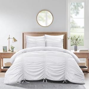 Grace Living Ashwin 3pc Full/Queen Comforter Set - 2 Pillow Shams, 1 Comforter | Ruched Ruffle Pleated, White Polyester