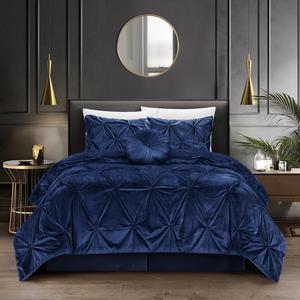 Grace Living Brynna 5pc Full/Queen Comforter Set - 2 Pillow Shams, 1 Decorative Pillow, 1 Comforter, 1 Bed Skirt | Shiny Velvet, Navy Velvet