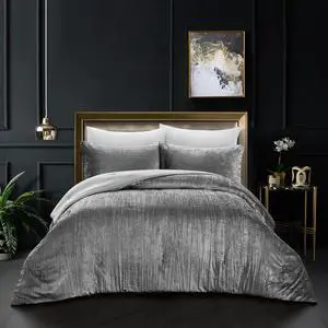 Grace Living Cerenity 3pc Full/Queen Comforter Set - 2 Pillow Shams, 1 Comforter | Crinkle Velvet, Dark Grey Velvet