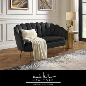 Nicole Miller Elani Loveseat - Upholstered Channel Tufted | Scalloped Edges, Black Velvet