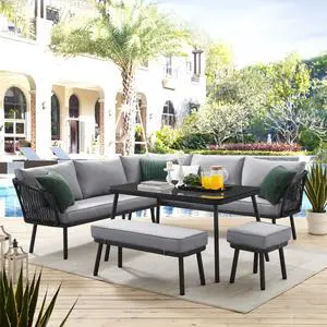 Inspired Home Zofia Patio Conversation Set - Set Includes: 2 Sofas, 1 Bench, 1 Stool/Ottoman, 1 Table | Indoor, Outdoor, All-Weather Faux Rattan Wicker Design, Removable and Washable Cushions, Black