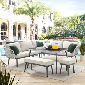 Inspired Home Zofia Patio Conversation Set - Set Includes: 2 Sofas, 1 Bench, 1 Stool/Ottoman, 1 Table | Indoor, Outdoor, All-Weather Faux Rattan Wicker Design, Removable and Washable Cushions, Sand