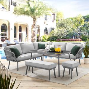 Inspired Home Zofia Patio Conversation Set - Set Includes: 2 Sofas, 1 Bench, 1 Stool/Ottoman, 1 Table | Indoor, Outdoor, Removable and Washable Cushions, Light Grey