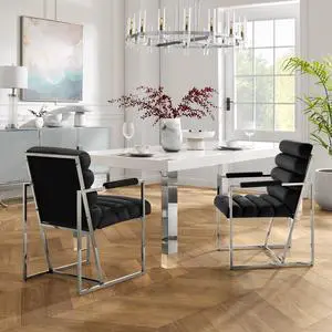 Inspired Home Lora Dining Chair - Upholstered, Stainless Steel Frame | Channel Tufted, Black/Chrome Velvet