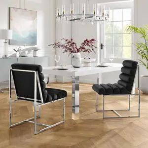 Inspired Home Lora Dining Chair - Upholstered, Stainless Steel Frame | Channel Tufted, Black/Chrome Velvet