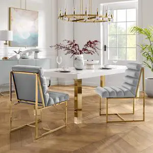 Inspired Home Lora Dining Chair - Upholstered, Stainless Steel Frame | Channel Tufted, Grey/Gold Velvet