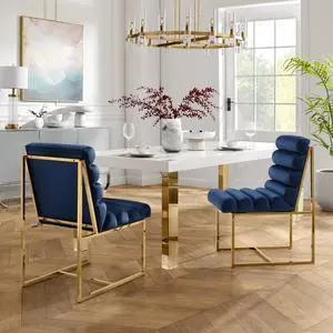 Inspired Home Lora Dining Chair - Upholstered, Stainless Steel Frame | Channel Tufted, Navy/Gold Velvet