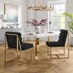 Inspired Home Lora Dining Chair - Upholstered, Stainless Steel Frame | Channel Tufted, Black/Gold PU Leather