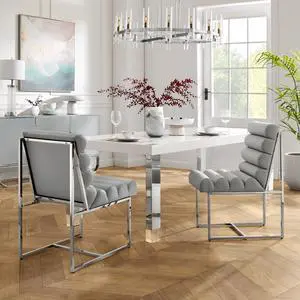 Inspired Home Lora Dining Chair - Upholstered, Stainless Steel Frame | Channel Tufted, Grey/Chrome PU Leather