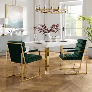 Inspired Home Lora Dining Chair - Upholstered, Stainless Steel Frame | Channel Tufted, Hunter Green/Gold Velvet