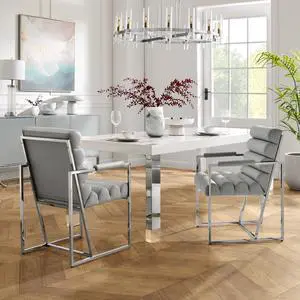 Inspired Home Lora Dining Chair - Upholstered, Stainless Steel Frame | Channel Tufted, Grey/Chrome PU Leather
