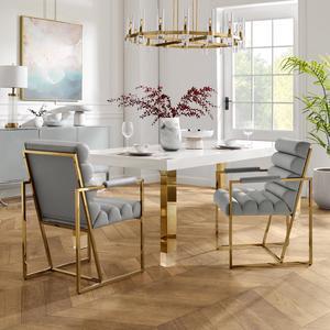 Inspired Home Lora Dining Chair - Upholstered, Stainless Steel Frame | Channel Tufted, Grey/Gold PU Leather