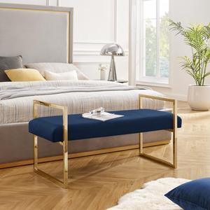Inspired Home Lora Bench - Upholstered | Open Frame Design, Navy/Gold Velvet