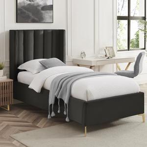 Inspired Home Kristofer Platform Bed - Upholstered | Wingback Channel Tufted Headboard, Oblique Legs, Black Velvet