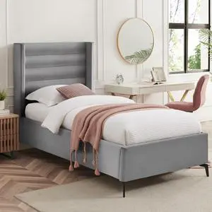Inspired Home Laron Platform Bed - Upholstered | Wingback Channel Tufted Headboard, Oblique Legs, Light Grey Velvet