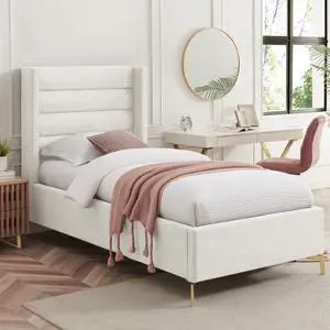 Inspired Home Laron Platform Bed - Upholstered | Wingback Channel Tufted Headboard, Oblique Legs, Light Beige Linen
