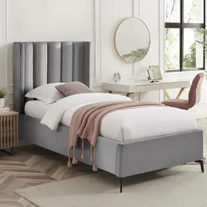 Inspired Home Kristofer Platform Bed - Upholstered | Wingback Channel Tufted Headboard, Oblique Legs, Light Grey Velvet